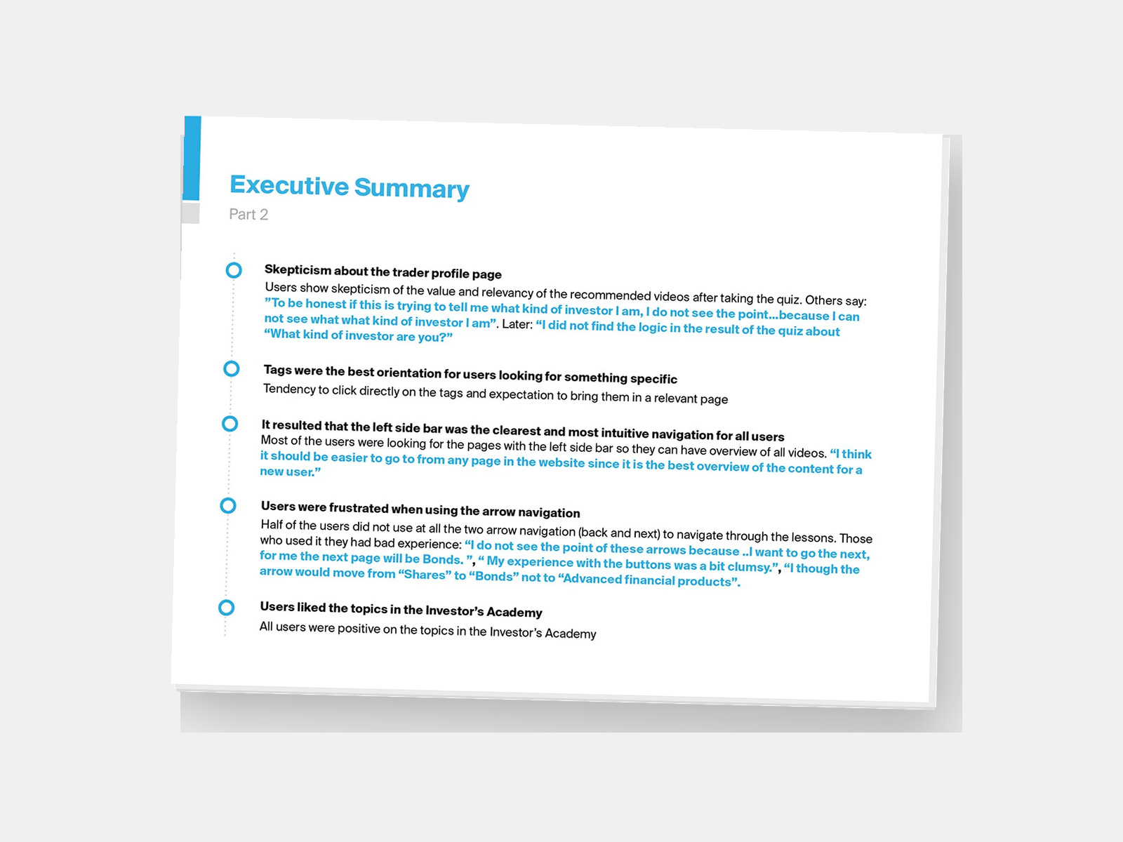Stakeholder Intelligence — Turning UX Research into Action — Per-task findings — each observation paired with evidence and a recommendation.